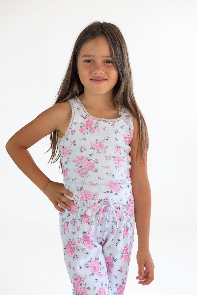 *Rib Printed Trim Lace Tank*