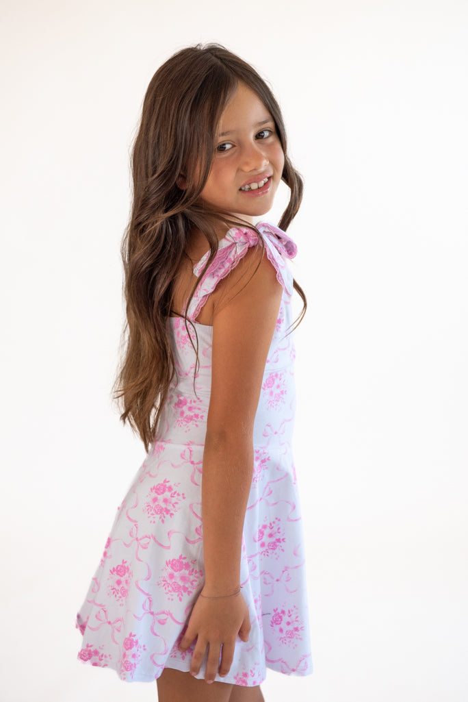*Bow Toile Printed Bustier Ties Dress*