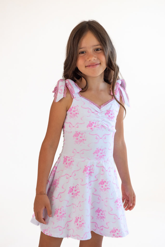 *Bow Toile Printed Bustier Ties Dress*
