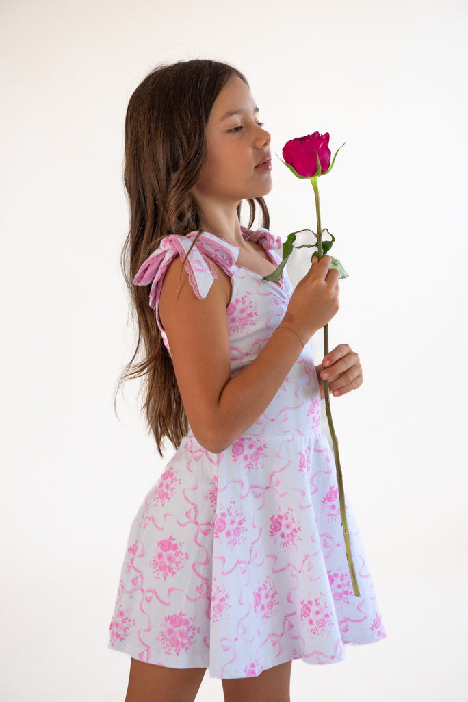 *Bow Toile Printed Bustier Ties Dress*