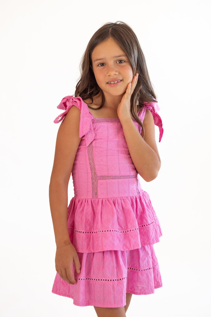 *Line Eyelet Ties Ruffle Dress*