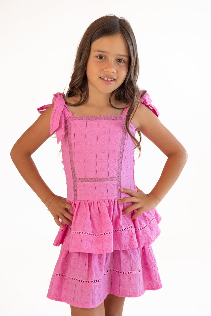 *Line Eyelet Ties Ruffle Dress*