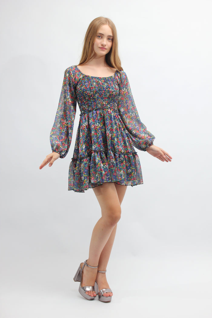 *Floral Smocked Long Sleeve Dress*