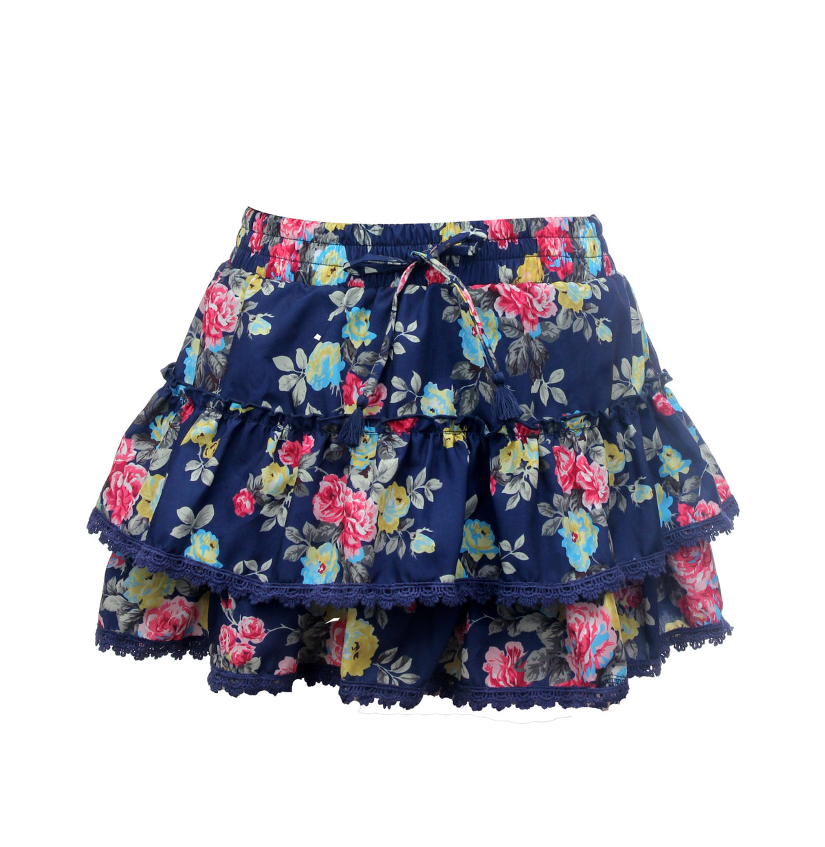 *Navy Floral Trimmed Ruffle Skirt*