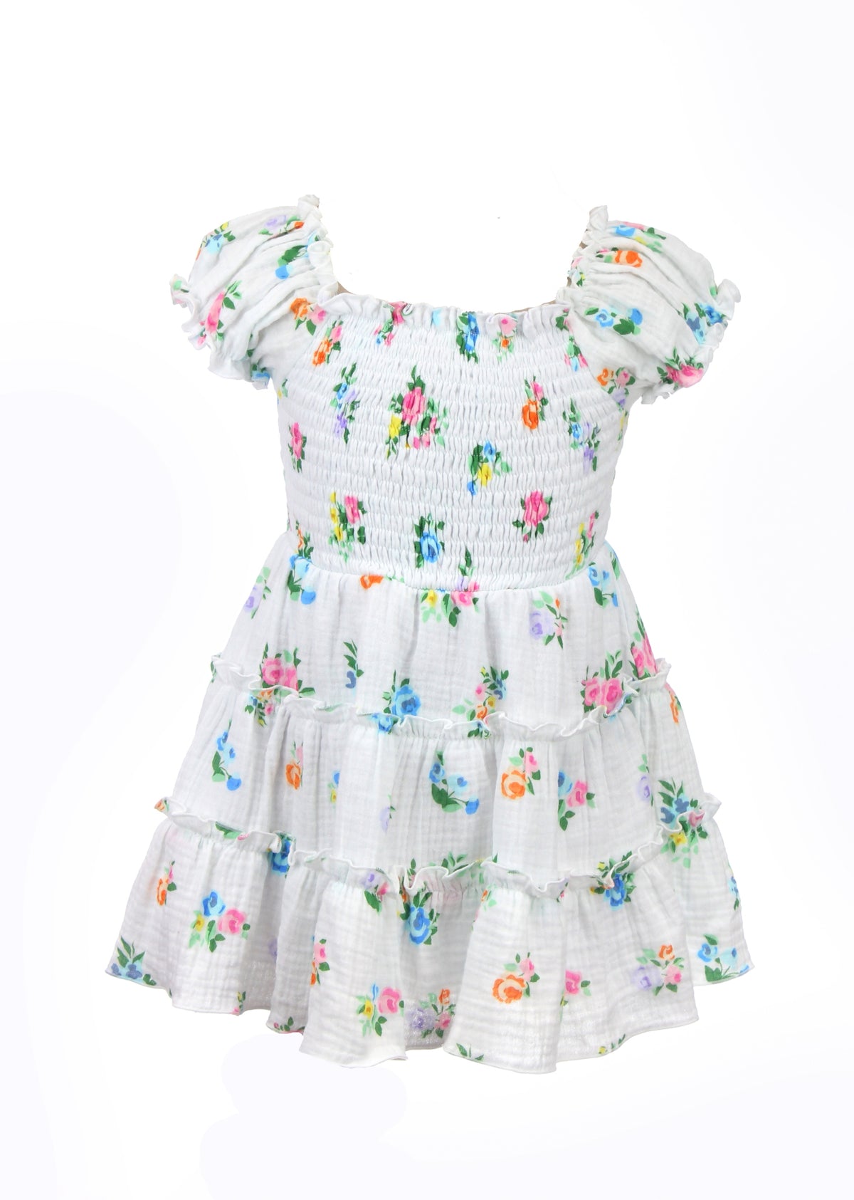 *White Multi Flower Puff Sleeve Baby Dress*