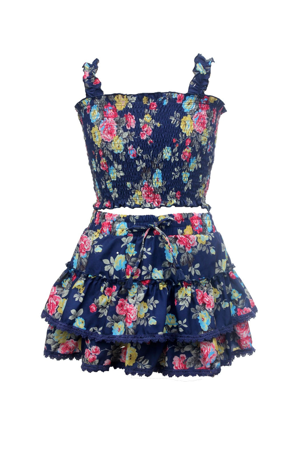 *Navy Floral Trimmed Ruffle Skirt*