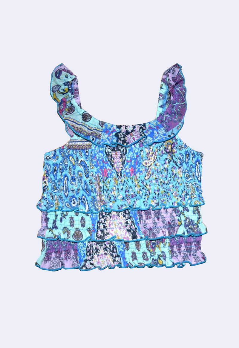 *Multi Turquoise Patchwork Smocked Top *