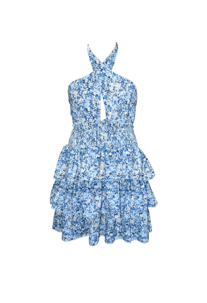 *Blue Floral Printed Halter Dress*
