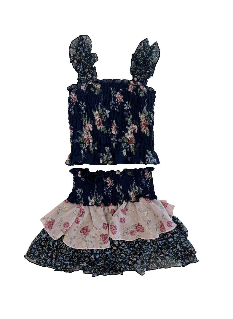 *Navy Floral Pink Smocked Ruffle Skirt*