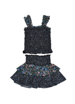 *Black Blue Floral Smocked Skirt*