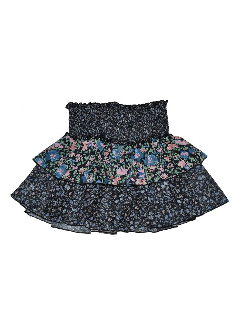 *Black Blue Floral Smocked Skirt*
