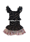 *Black Floral Pink Smocked Ruffle Skirt*