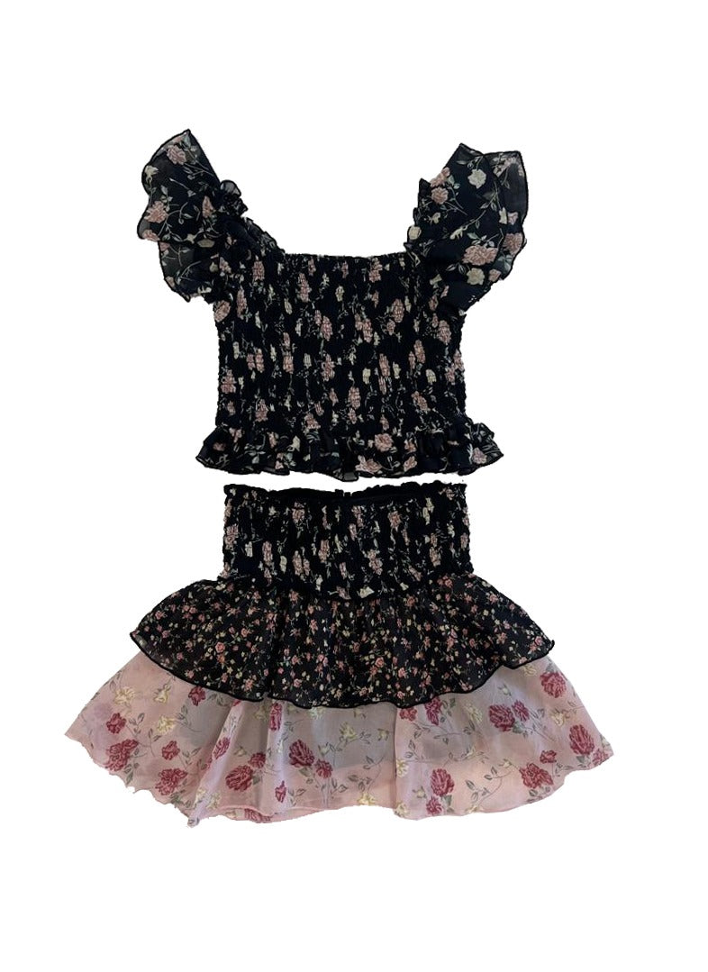 *Black Floral Pink Smocked Ruffle Skirt*