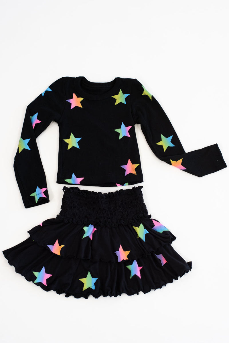 *Black Multi Color Stars Smocked Skirt*