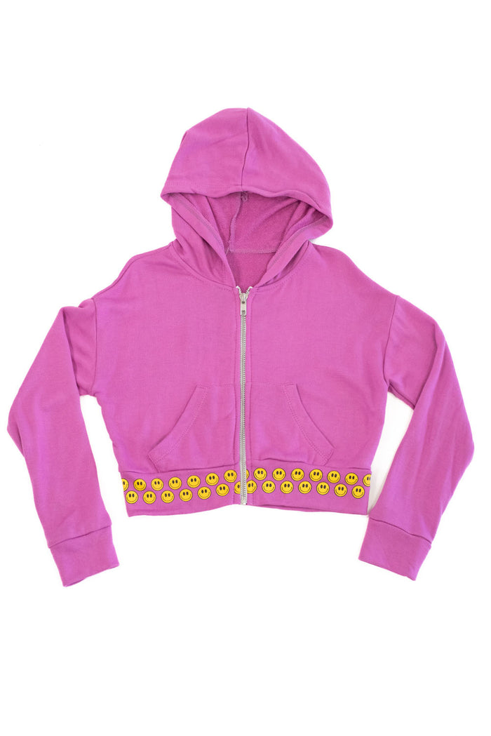 *Pink Enzyme Yellow Smile Band Zip Up Cropped Jacket*