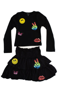 *Black Multi Color Icon Smocked Skirt*