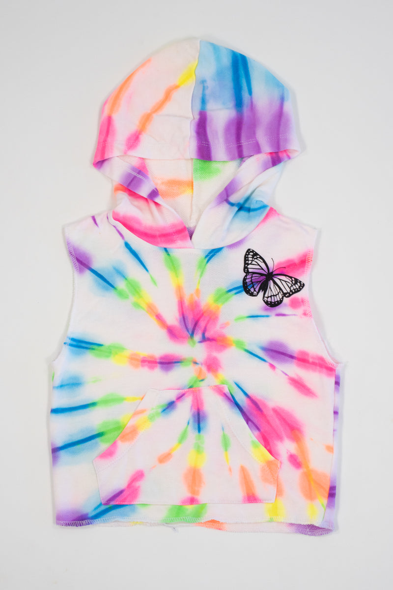 Neon Tie-dye Butterfly Cropped Hoodie Tank