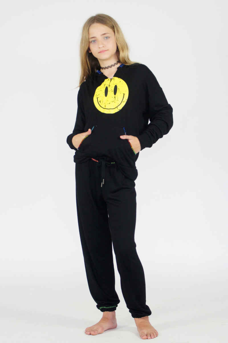 *Black Multi Color Embroidered Smile Hoodie*