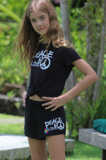 *Black White Peace Love Embroidery Knotted Tee*