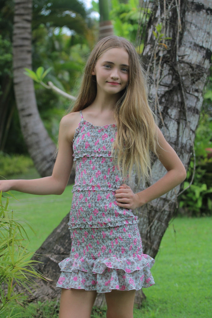 *Grey Pink Rose Smocked Dress*SALE