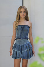 *Blue Denim Embroidery Smocked Skirt*