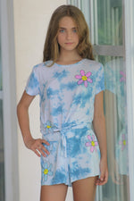 *White Blue Tie-Dye Daisy Knotted Short Sleeve Tee*